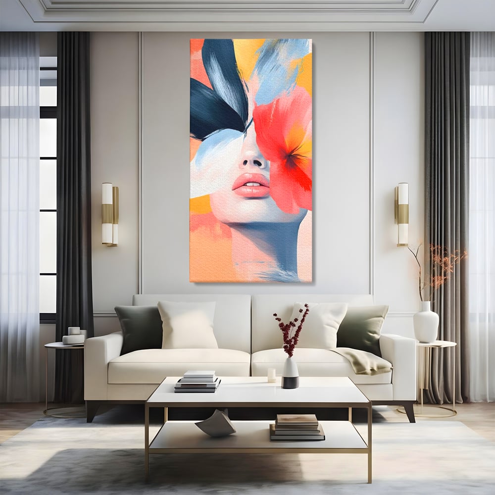 Tablou canvas cu tablou canvas cu fata de femeie si flori pictate, fara rama, pe sasiu de lemn, pe perete intr-un living